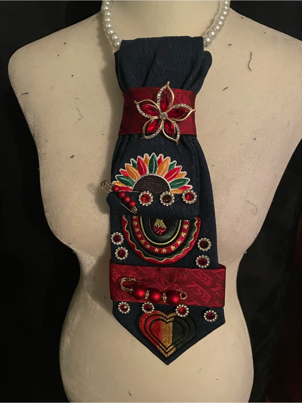 Embellished Navy and Red Statement Scarf Necklace